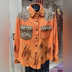 Orange Leopard Print Women's Button Up -POL